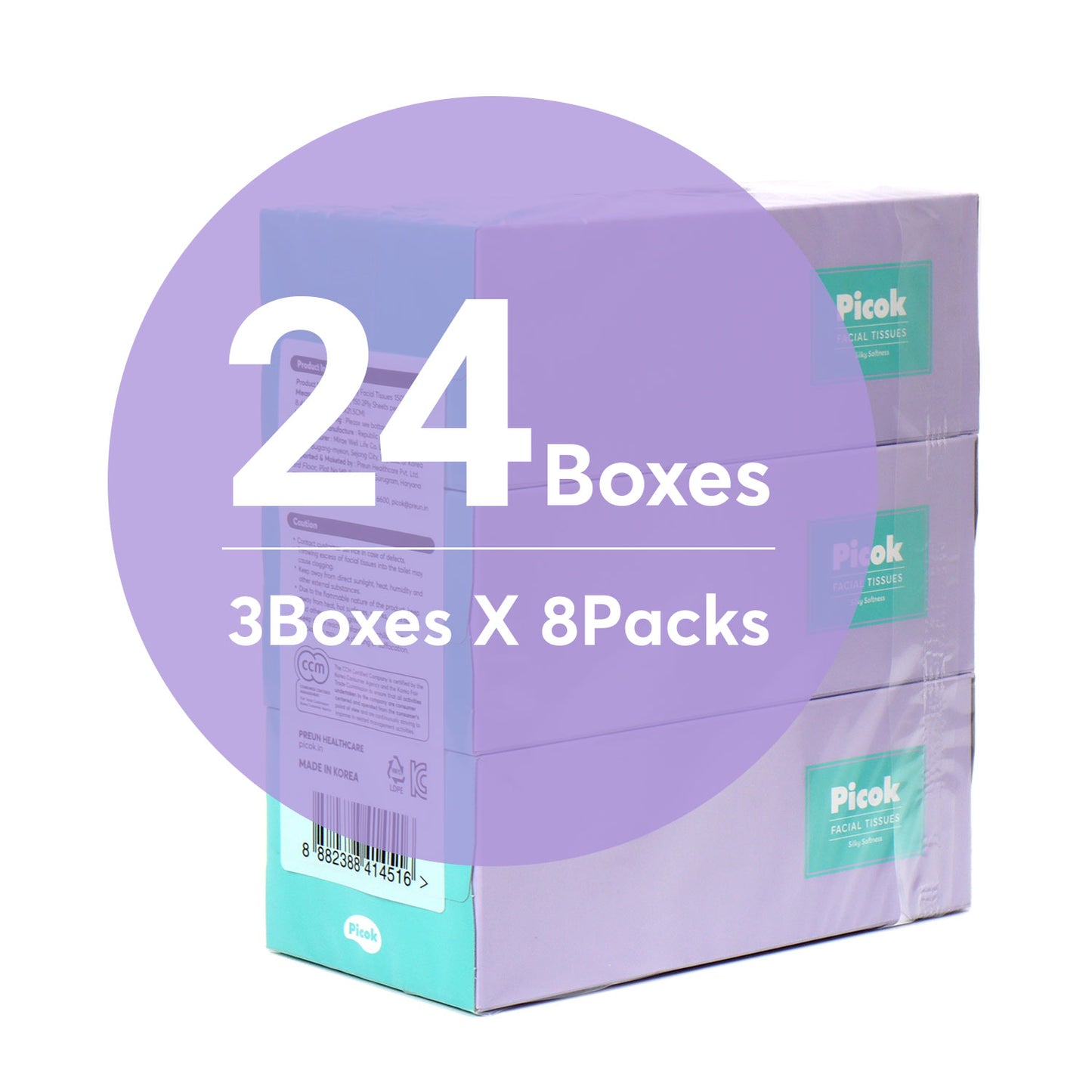 Picok Silky Facial Tissues 3Boxes X 8Packs ( 24 Boxes ) Bulk